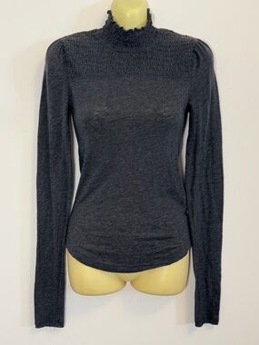 We The Free Charcoal Smocked Mock Neck Long Sleeve Top
